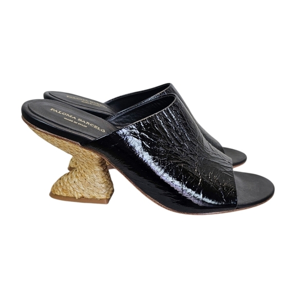Paloma Barceló Black Calf Leather Open Toe Sandals Raffia Heel 39 Quiet Luxury - Picture 4 of 12